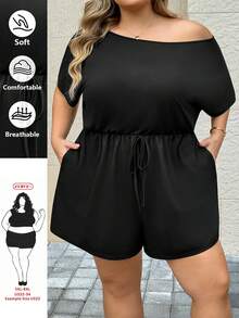 SHEIN CURVE+ Đầm cỡ lớn dành cho nữ, trang phục mùa hè, quần short, thiết kế trễ vai dễ thương, bộ đồ hè cho nữ, trang phục lễ hội, bộ đồ đi nghỉ mát cho nữ, đầm thường ngày cho nữ - màu đen - Xem 1