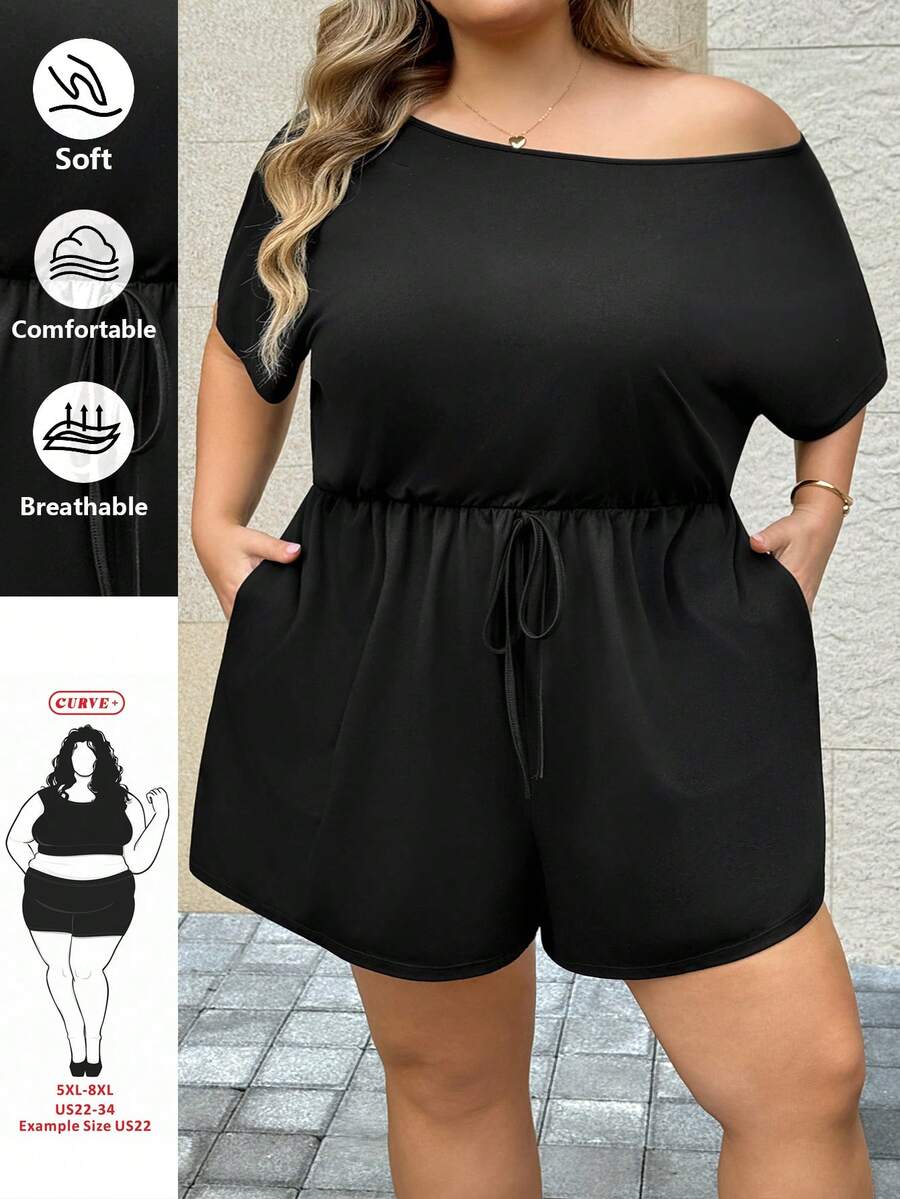 SHEIN CURVE+ Đầm cỡ lớn dành cho nữ, trang phục mùa hè, quần short, thiết kế trễ vai dễ thương, bộ đồ hè cho nữ, trang phục lễ hội, bộ đồ đi nghỉ mát cho nữ, đầm thường ngày cho nữ - màu đen - Xem 1