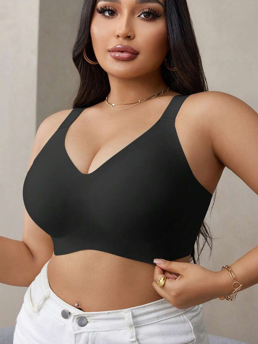 SHEIN Sutiã Plus Size Sem Costura Para Mulheres Com Tiras De Gel E Suporte Macio, Sutiã Lift Up Sem Fio - Preto - Ver 1