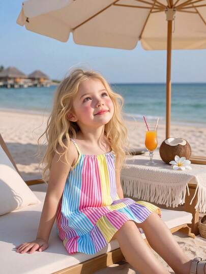 SHEIN Elladie kids Váy suông vải dệt sọc đỏ in kỹ thuật số viền bèo nhún cho bé gái, thích hợp mặc hàng ngày vào mùa hè, đi chơi, đi nghỉ, tiệc tùng