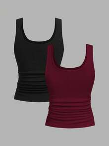 Slaydiva 2pcs/Set Snap-Button Crisscross Back Tank Top, Pleated Design, Suitable For Women In Spring/Summer,Summer Top - Multicolor - View 2