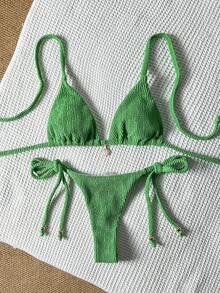 Swim Mod Bộ bikini gợi cảm cổ yếm bằng vải jacquard dành cho nữ, trang trí kim loại, bộ đồ bơi mùa hè 2 mảnh, đồ bơi dệt kim, bộ bikini cho nữ, đồ bơi dệt kim màu xanh lá cây cho nữ, bộ bikini dệt kim màu xanh lá cây, đồ đi biển dệt kim - màu xanh lá - Xem 2