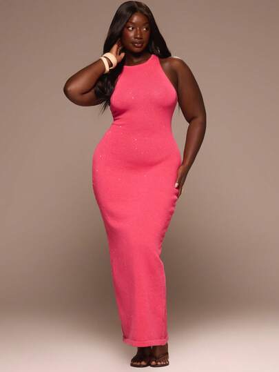 MUSERA Plus Size Sequin Knit Racerneck Fitted Maxi Dress Sexy Elegant Spring Summer Vacation Wedding Guest Occasion Ibiza Beach Golden Sands