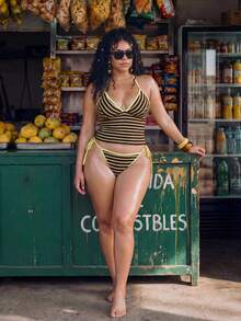 Swim Mod Retro Tropical Brown Striped Bikini Set,Butter Yellow,Summer,1920s Flapper,Beach,Holiday Halter Triangle Top Plus Size Two-Piece Swimwear For Women - Multicolor - View 5