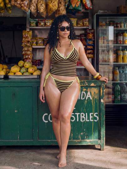 Swim Mod Bộ bikini kẻ sọc phong cách retro mới năm 2026 | Áo tam giác buộc dây cổ giúp tôn vòng một | Viền áo tạo vẻ ngoài thanh lịch | Quần bikini buộc dây bên hông có thể điều chỉnh để vừa vặn thoải mái | Sọc mỏng màu nâu và trắng tạo vẻ ngoài quyến rũ | Bikini buộc dây cổ dành cho kỳ nghỉ biển