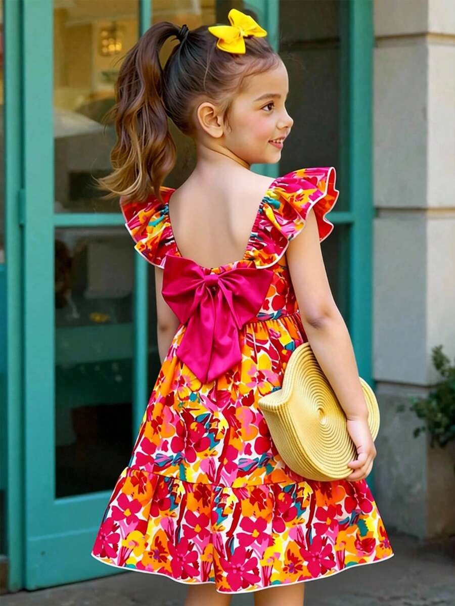 SHEIN Elladie kids 小女孩甜美可爱沙滩度假夏季短袖蝴蝶结装饰连衣裙,适合日常和假日穿着 - 玫紅色 - 查看 1