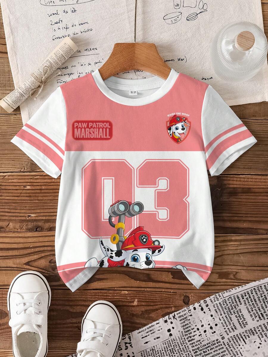 SHEIN | PAW Patrol 男童圆领短袖可爱数字印花休闲T恤,全身印花 - 白色 - 查看 1