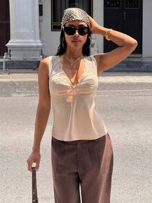 Slaydiva Áo hai dây satin phối ren thanh lịch, kiểu dáng thường ngày dành cho nữ - G - Rượu sâm banh - Xem 3