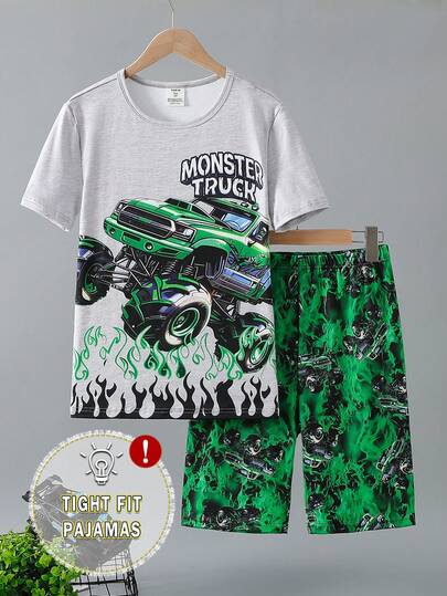 青少年男孩黑色极简主义电子游戏元素印花短袖T恤和短裤两件套睡衣套装