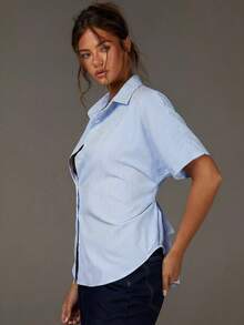 Women's Striped Short Sleeve Single-Breasted Tie-Back Shirt - Blue - View 4