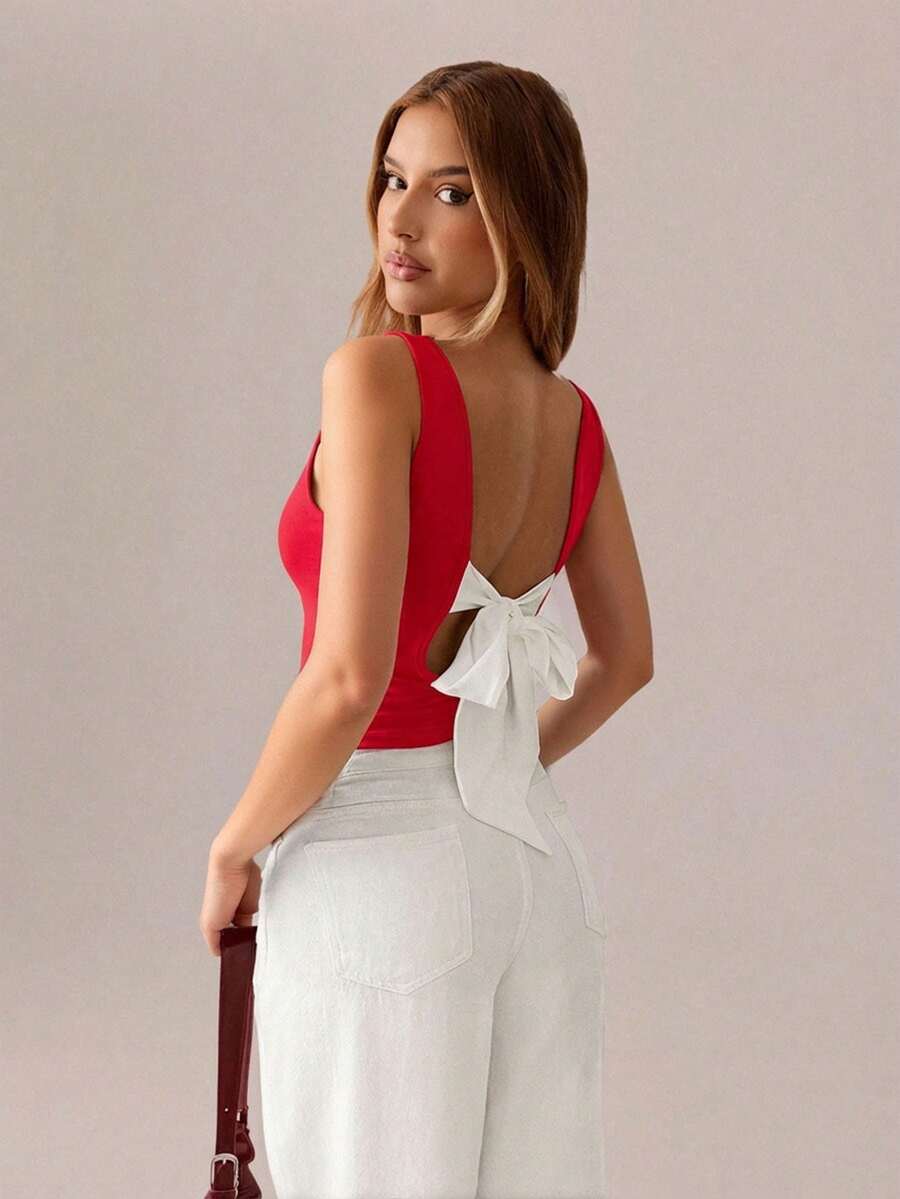 SHEIN SXY 女士性感露背系带修身短款背心，度假风 - 紅色 - 查看 1