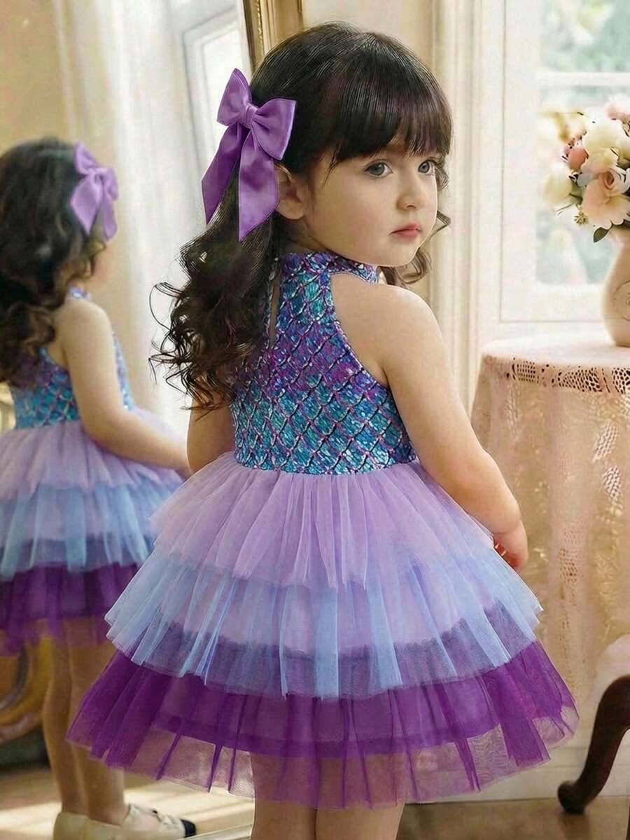 一件可爱女宝宝休闲简约美人鱼仿鱼鳞多层网纱渐变连衣裙。适合生日派对、聚会、演出、婚礼、洗礼、开幕式、日常穿着、上学、旅行以及春夏季节。女宝宝连衣裙、派对连衣裙、春季女童连衣裙、女宝宝派对连衣裙、女童多层连衣裙 - 彩色 - 查看 1