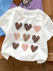4pcs/Set Baby Girl Casual Minimalist Leopard Print, Heart & "Mama's Girl" Letter Graphic Round Neck Short Sleeve T-Shirts, Suitable For Spring & Summer - Multicolor - View 3