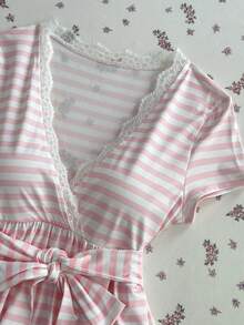 Elamini Camiseta de mujer con cuello en V, parches de encaje y lazo delantero para primavera/verano - Rosa - Ver 6