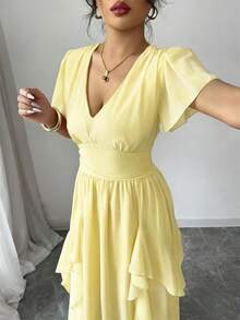Rafferiza 優雅荷葉邊收腰法式風洋裝 淡黃色 夏季婚禮派對沙灘度假夜店約會洋裝 - 淡黃色 - 查看 4