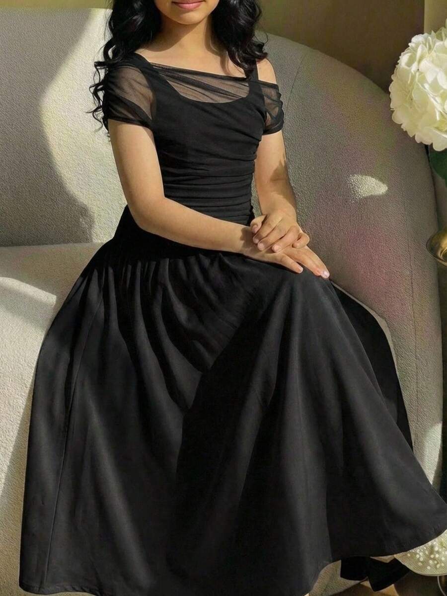 少女优雅修身黑色网纱拼接露肩喇叭袖褶皱连衣裙，女孩黑色派对礼服，圣诞礼服，伴娘礼服，正式礼服 - 黑色 - 查看 1