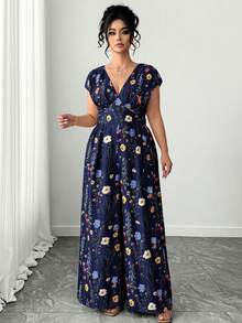 Elenzga Elegant Plus Size Long Jumpsuit Navy Blue Random Floral Print V Neck Shirred Batwing Cap Sleeve Wide Leg Boho Chic Style - Navy Blue - View 5