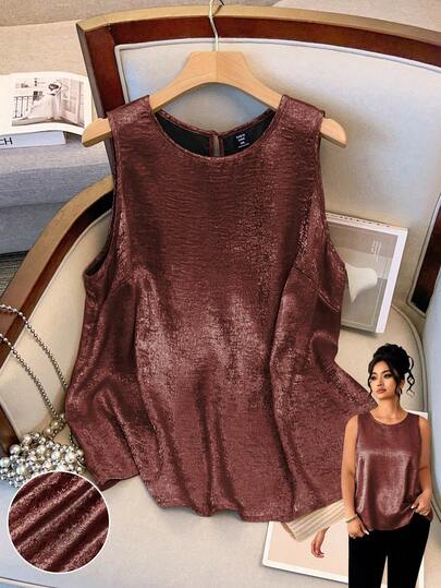 GlowEve CURVE 加大码女式宽松圆领奢华金属休闲背心，适合夏季日常和节日派对穿着