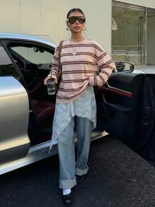 Muchica Casual Minimalist Pattern Round Neck Long Sleeve T-Shirt, Loose Fit Suitable For Summer, Retro American Style - Multicolor - View 5