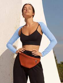 SHEIN BASICS 女士纯色露脐性感修身长袖上衣 - 藍色 - 查看 7