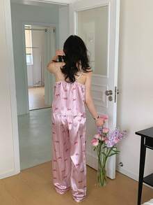 Teen Girls Sweet Bow Striped Shiny Camisole Pajama Set - Pink - View 2