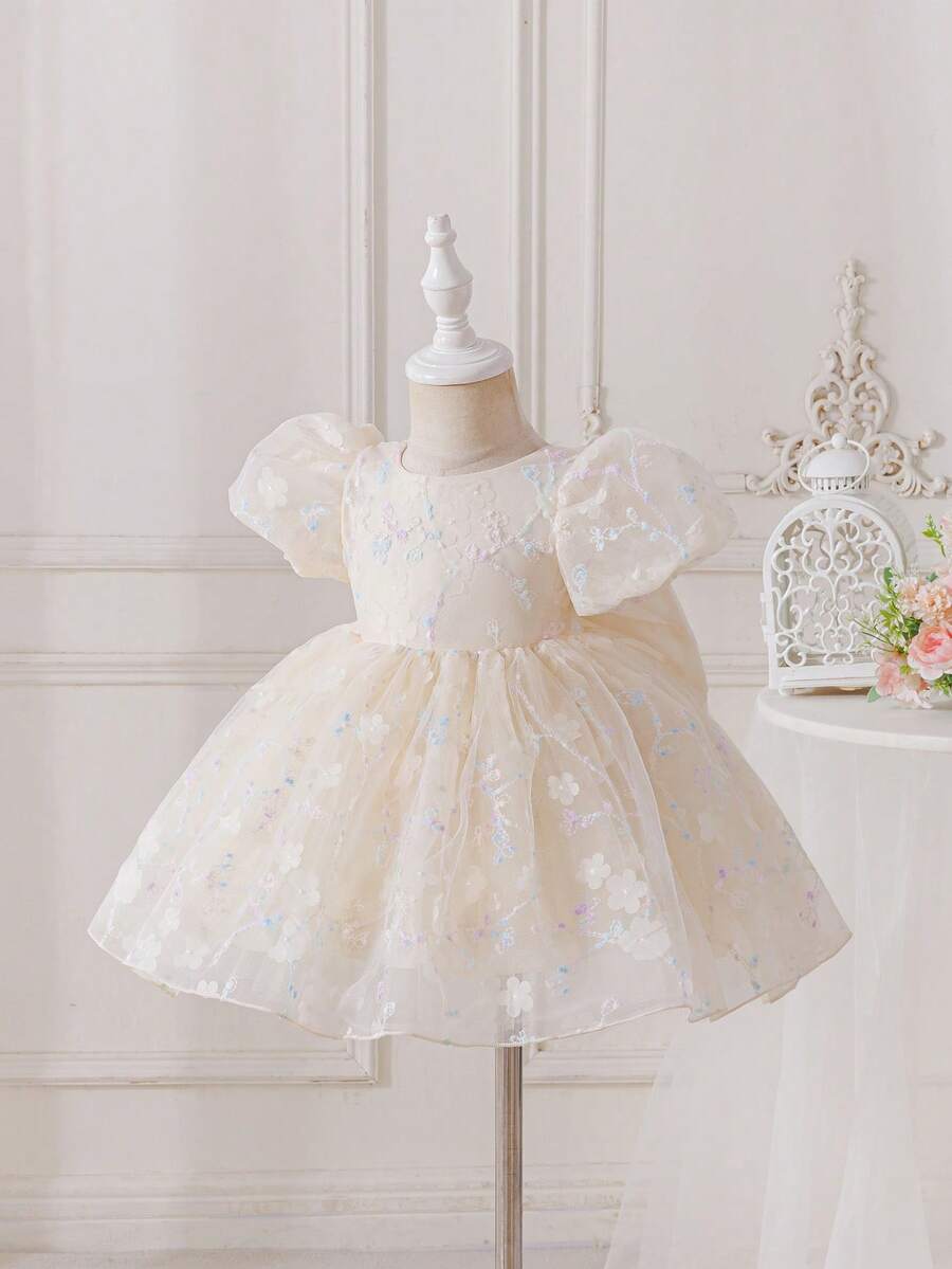 SHEIN Glamorique Kids 女婴公主裙,花童裙,夏季礼服,生日派对、婚礼、节日舞会礼服,舞会礼服,超大蝴蝶结,杏色薄纱,3D立体花朵公主裙,中东、欧洲和美洲,四季皆宜 - 杏色 - 查看 1