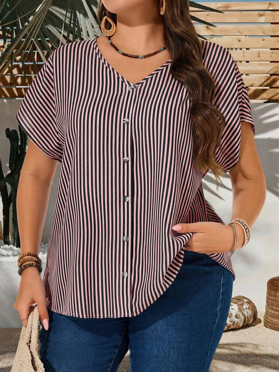 EMERY ROSE Áo sơ mi tay ngắn kẻ sọc phối màu cỡ lớn, kiểu dáng thường ngày. - Nhiều màu - Xem 1