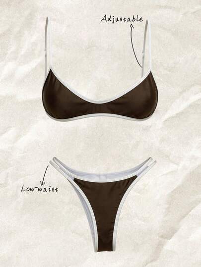 Elavelle Set de 2 piezas Bikini de tirantes finos con estampado aleatorio para mujer, verano