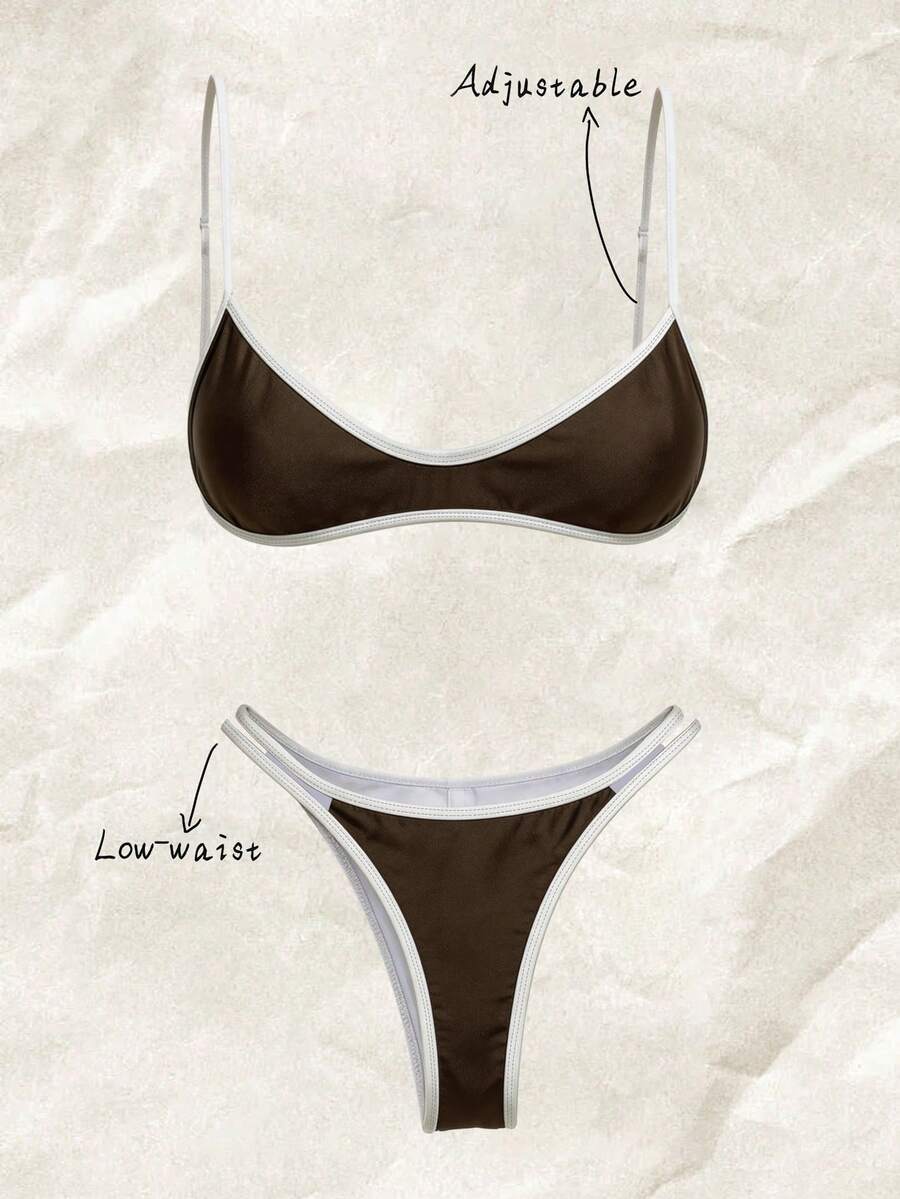 Elavelle Multicolor Women Bikini Set Colorblock Fabric With Adjustable Spaghetti Strap And Thong Bottom Low Waist - Multicolor - View 1