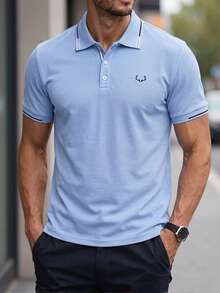 Manfinity Bizformal Men's Casual Color-Blocked Short-Sleeved Polo Shirt, Men's Light Blue Summer Polo Shirt, Preppy Patterned Polo Shirt, Men's Button-Down Knit Polo Shirt, Knitted Men's Shirt, Suitable For Everyday Casual Wear During Christmas, Weekend Trips, Polo For Men Golf Shirt For Men Formal Outfit For Men Mens Apparel - Baby Blue - View 5
