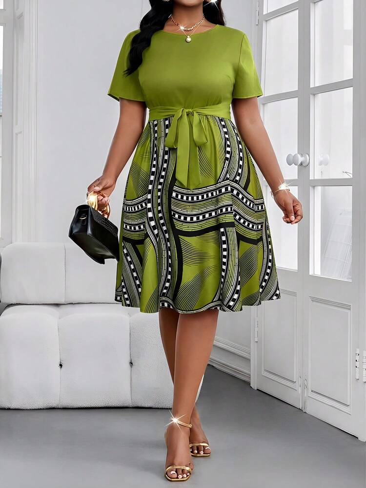 SHEIN Lady Spring And Summer Elegant Commuting Office Casual Boho Woven Knitted Round Neck Flared Belted Midi Short Sleeve Plus Size Dresses - Olive Green - View 1