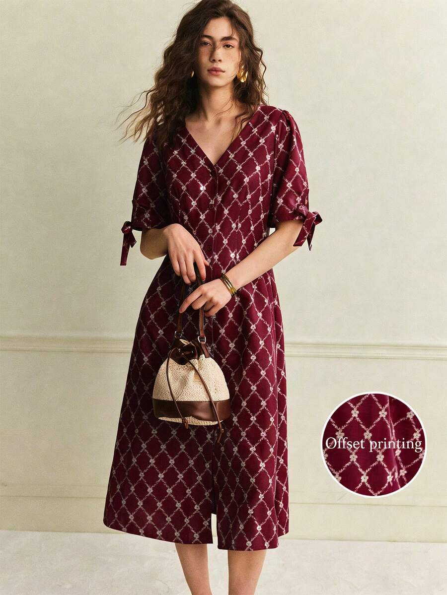 Franclia Vestido estilo francés, vestido de oficina, vestido elegante, vestido de cuello en V, vestido estampado, vestido de cuadros, vestido con abertura, vestido con lazo delantero, vestido de primavera/verano, vestido de mujer - Burdeos - Ver 1