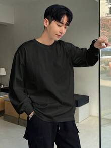 DAZY Men's Casual Solid Color Long Sleeve T-Shirt, Versatile For Autumn, Fall - Black - View 6