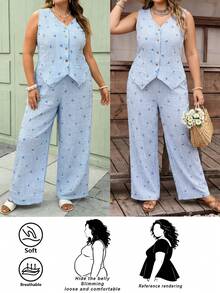 SHEIN CURVE+ Kích cỡ US22 Lễ hội âm nhạc, Kỳ nghỉ biển, Phong cách Bohemia Bộ đồ hai mảnh nữ thường ngày kẻ sọc xanh trắng + họa tiết nơ, thích hợp mặc hàng ngày, Xuân/Hè, Áo không tay và quần dài, Vải crepe không co giãn in sọc, Thời trang đơn giản, Thích hợp đi làm và đi nghỉ, Bộ áo vest không tay, Trang phục đi nghỉ mát cho nữ, Trang phục mùa hè cho nữ, Bộ hai mảnh cho nữ, Trang phục đi nghỉ lễ đảo Phục Sinh - Màu xanh lam - Xem 1
