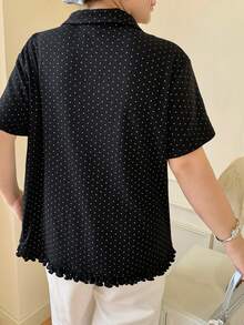 Dazy Plus Korean Style Polka Dot Print Polo Shirt Blouse Short Sleeve Black Plus Size Women Spring/Summer T-Shirt - Black - View 2
