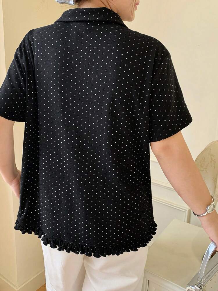 Dazy Plus Korean Style Polka Dot Print Polo Shirt Blouse Short Sleeve Black Plus Size Women Spring/Summer T-Shirt