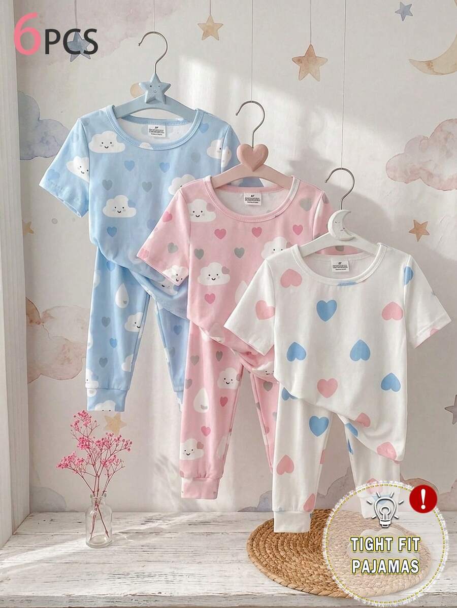 Genkimix Kids Bộ đồ ngủ ngắn tay ôm sát in hình mây và trái tim 6 món cho bé gái, 3 bộ bán riêng lẻ. - Nhiều màu - Xem 1