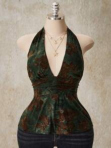 SHEIN ICON Camiseta sin espalda con lunares, estilo retro Y2K, con cuello en V, cintura ceñida y línea A, para tallas grandes. Camiseta de tirantes con lunares y escote halter, estilo babydoll con espalda descubierta. - Verde - View 3