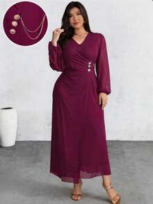 Feyla Plus Size Women's Solid Color V-Neck Maxi Party Dress - Hot Pink - View 8
