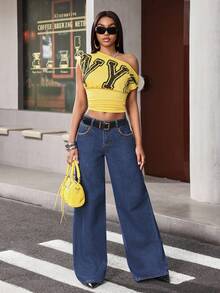 Jeanoix Rivet Decor Navy Blue Leather Belt Low Waist Wide Leg Jeans Everyday Summer Casual - Blue - View 7