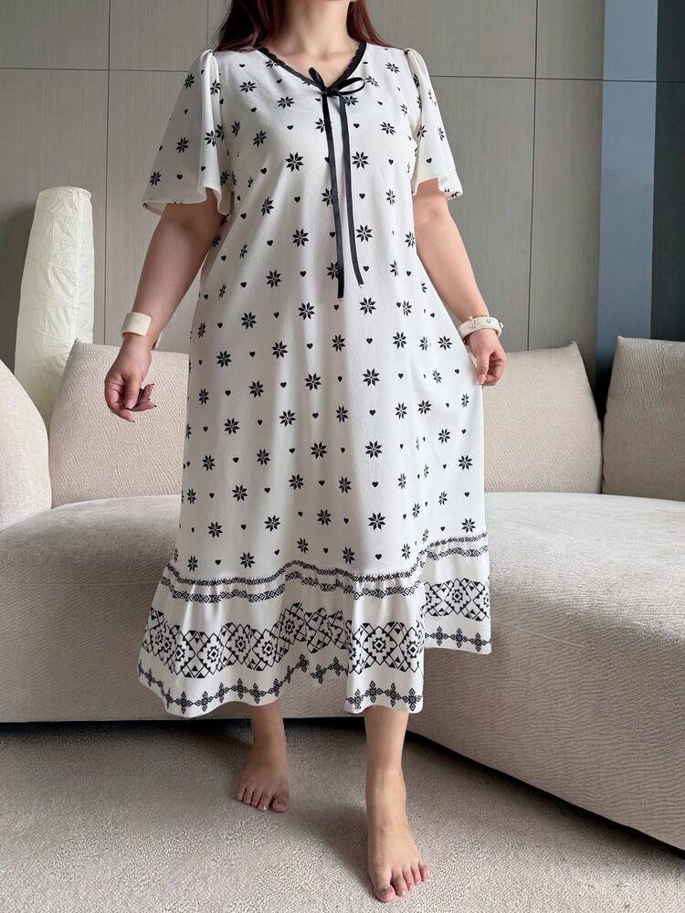 Dazy Plus Print Contrast Color Tie Neck Long Women's Beach Dress, Elegant Sleepwear, Plus Size, Spring/Summer