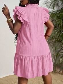 Slaydiva Vestido de talla grande de unicolor con cuello de corbata, mangas con volantes y dobladillo con volantes, vestido de verano - Rosa Pálido - Ver 2