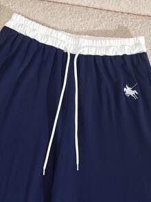 Teenage Girls' Casual Navy Sport Set,Summer Graduation Back-To-School Outfit,Polo Collar Contrast Stitching Top&Wide Leg Drawstring Pants,2pcs Outfit - Multicolor - View 9