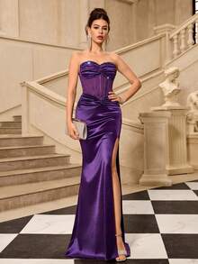 Coutiva 女士优雅亮片拼接前扭结开衩无肩带正式晚礼服 - 紫色 - 查看 8