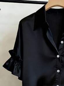 Franclia Women's Black Satin Collared Single-Breasted Short Sleeve Shirt,French Ruffle Petal Sleeve Loose Flattering Blouse,Summer Casual Elegant Office Wear - Black - View 3