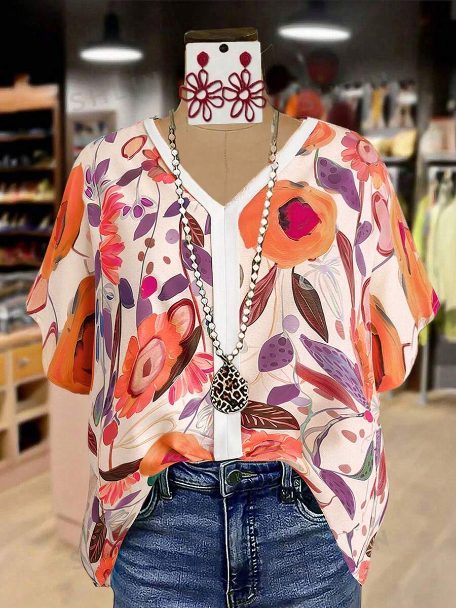 Linhara 大码女式复古宽松刺绣系领短袖亚麻衬衫，休闲百搭上衣 - 彩色 - 查看 1