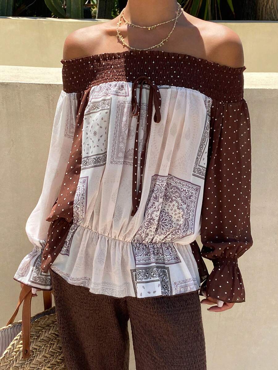 Livesso Women's Polka Dot Print Off-Shoulder Contrast Color Casual Long Sleeve Shirt Boho Vacation Outfits Women - Coffee Brown - View 1