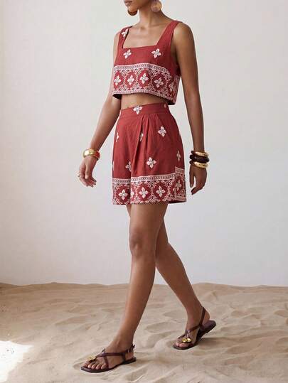 Zivah 2026 Spring/Summer New Music Festival, St. Patrick's Day, Valentine's Day, Date, Western, Nomadic Style, Birthday Party, Graduation, College Style, Student, Daily Casual, Basic Versatile, Leisure, Cruise Travel, Beach, Sunbathing, Viral , Streetwear, Wedding Guest, Boho, Commute, Brunch, Airport, Party, Holiday Outing, Office Wear, Leisure Vacation, Retro Style, Women's Brown Square Neck Sleeveless Top And Straight Pleated Shorts Two Pieces Vacation Set