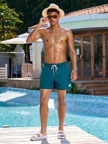 Manfinity VDAYZ Men's Summer Holiday Letter Patch Drawstring Waist Beach Shorts - Dusty Blue - View 4