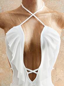 Mistrie Women's Short Hollow Tie-Up Neck Ruffle Hem Dress - White - View 6